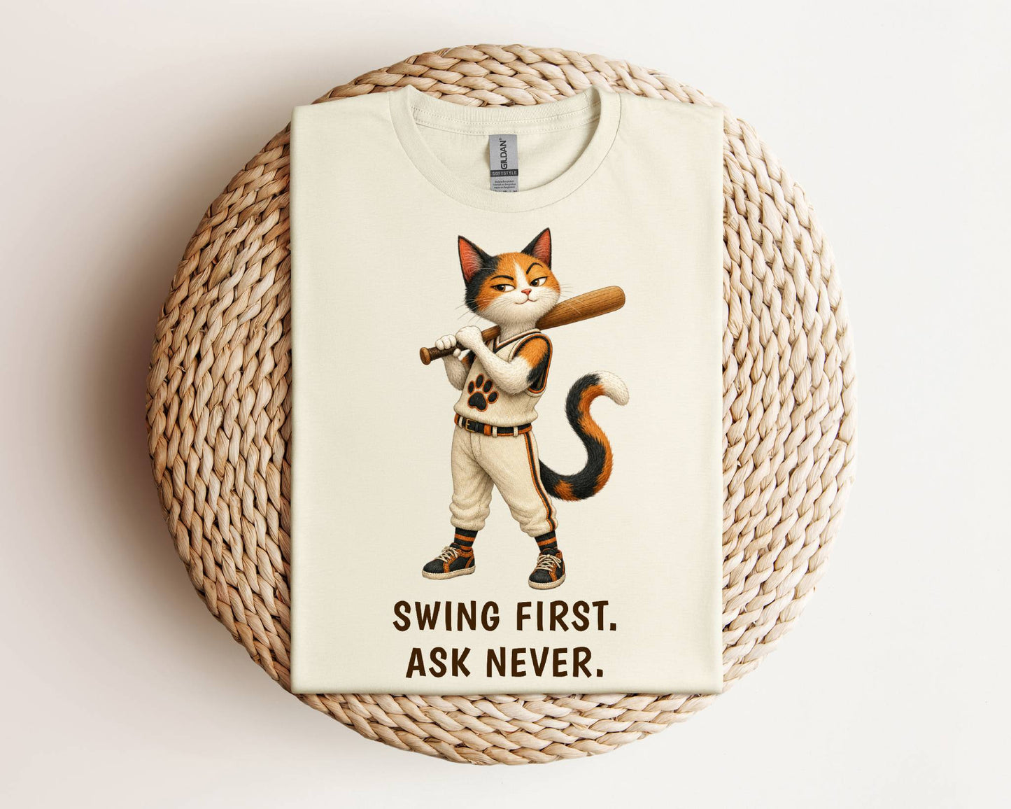 Swing First. Ask Never. — Baseball Cat Tee