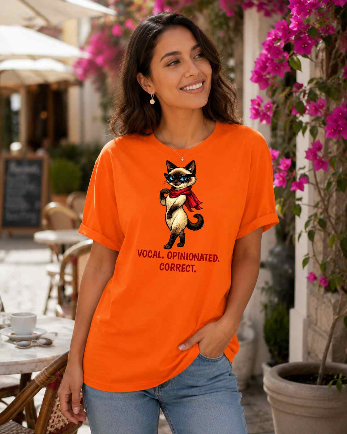 Sassy Siamese Cat with Scarf T-Shirt | 'Vocal. Opinionated. Correct.'