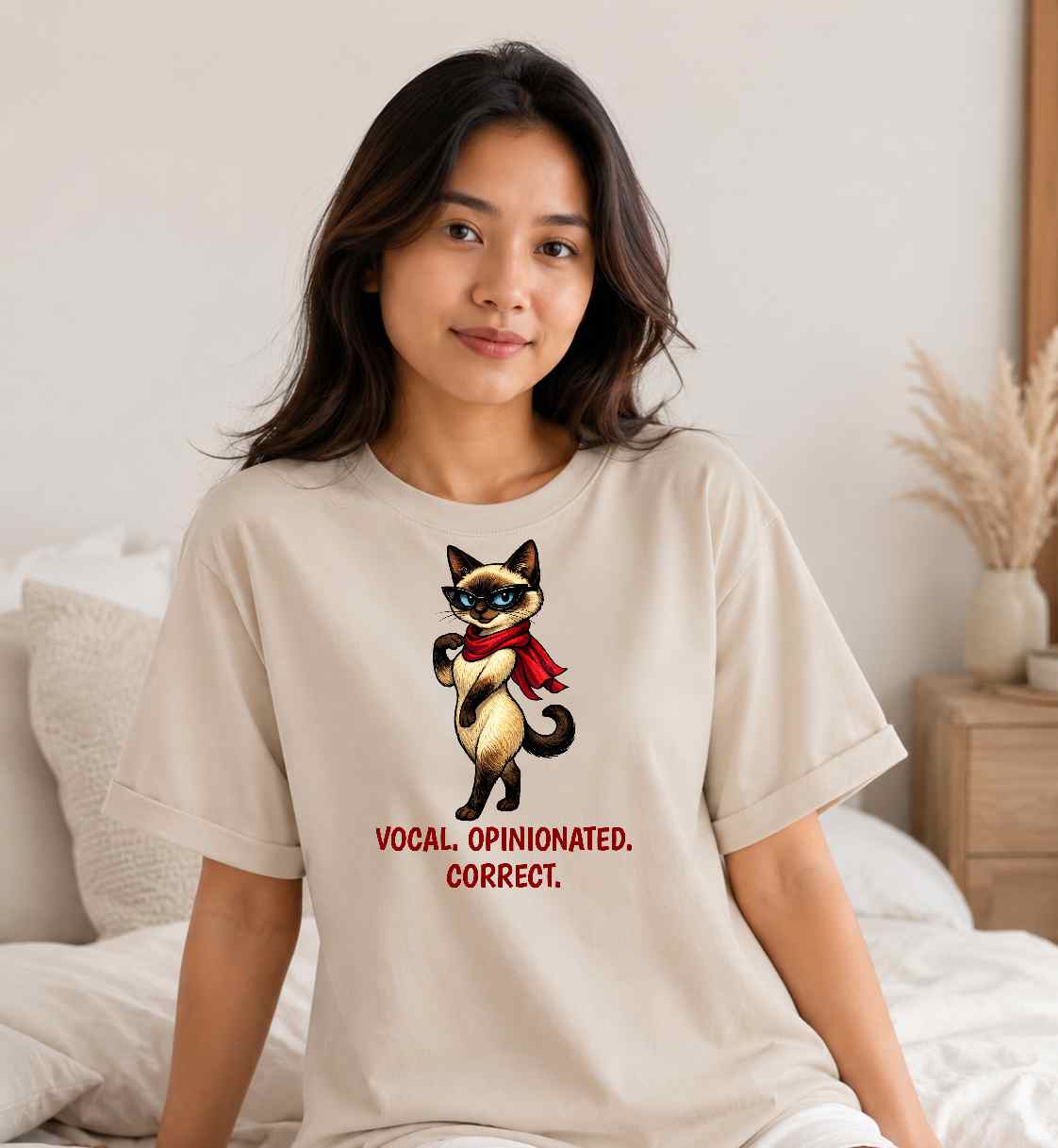 Sassy Siamese Cat with Scarf T-Shirt | 'Vocal. Opinionated. Correct.'