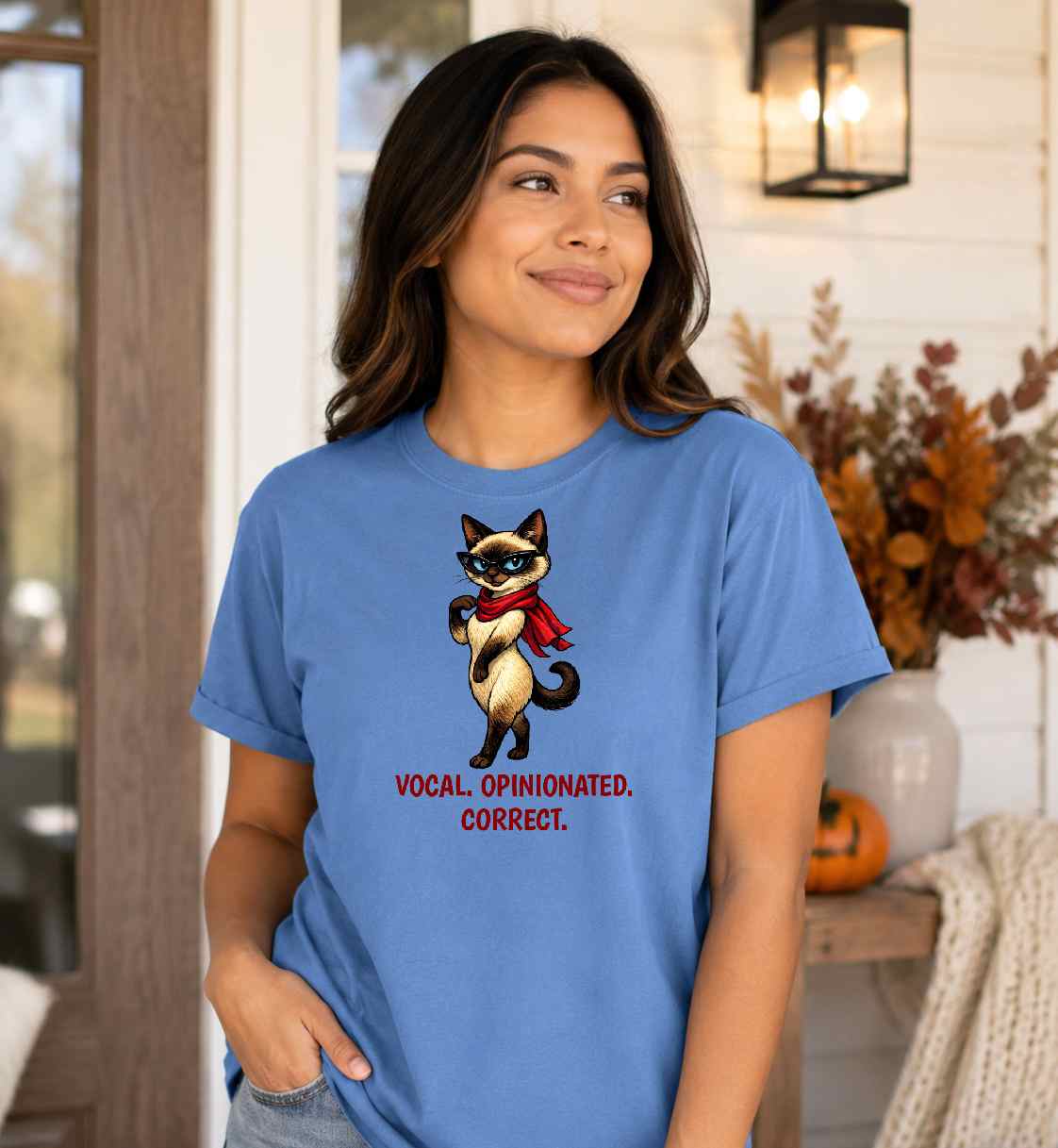 Sassy Siamese Cat with Scarf T-Shirt | 'Vocal. Opinionated. Correct.'