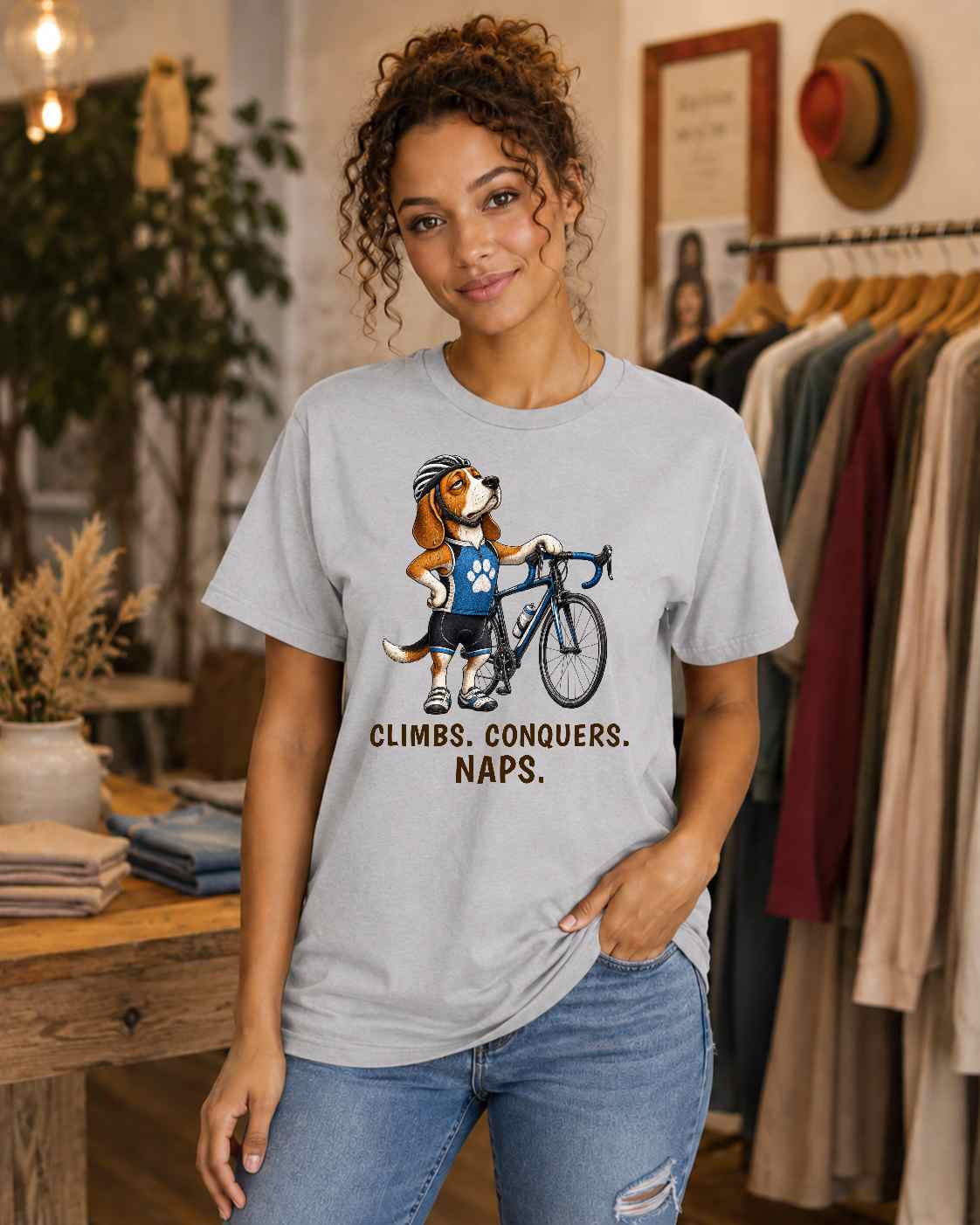 Climbs. Conquers. Naps. — Cycling Beagle Tee