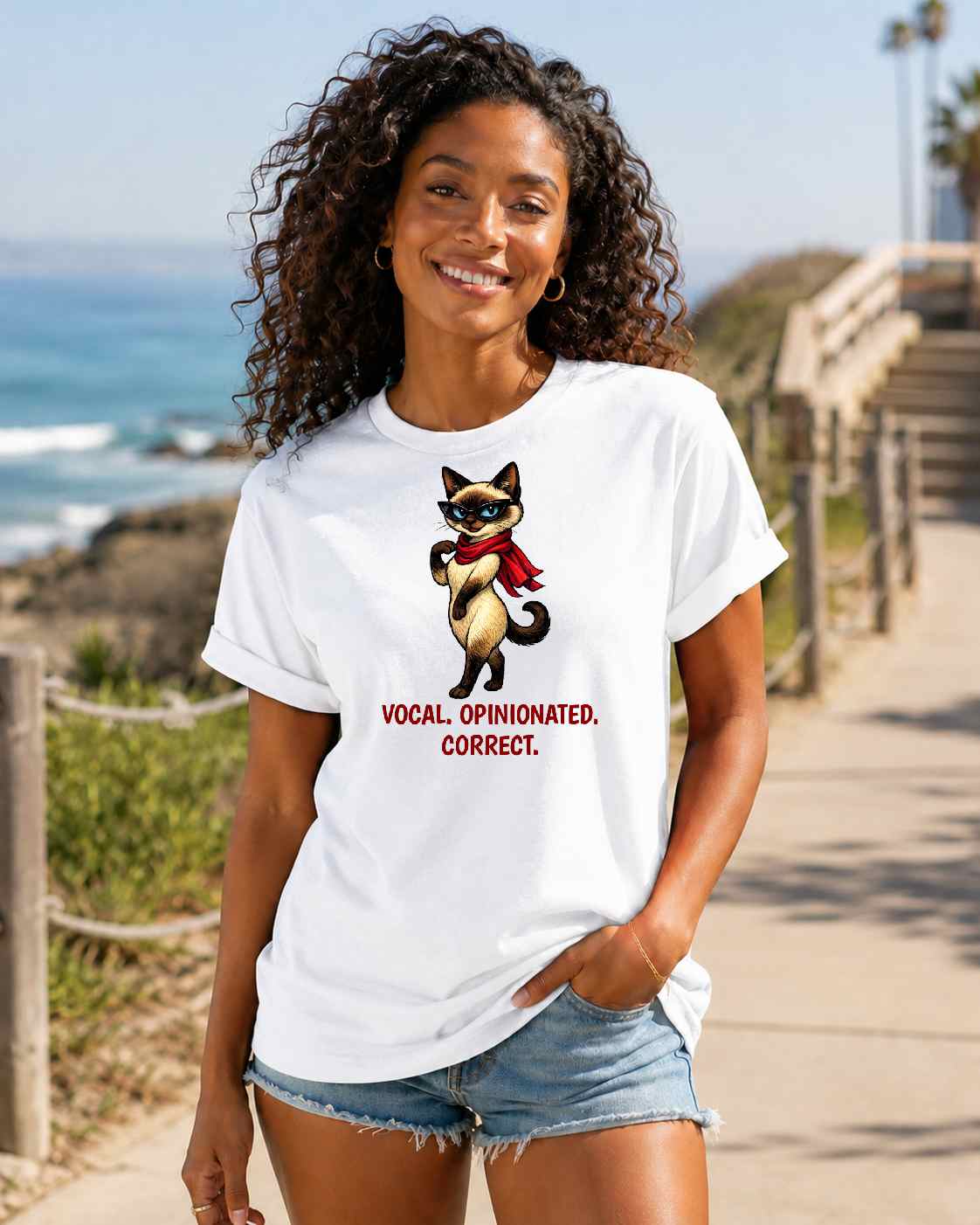 Sassy Siamese Cat with Scarf T-Shirt | 'Vocal. Opinionated. Correct.'