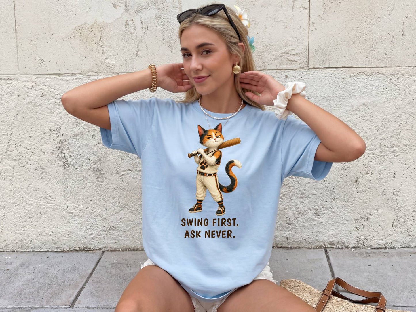 Swing First. Ask Never. — Baseball Cat Tee