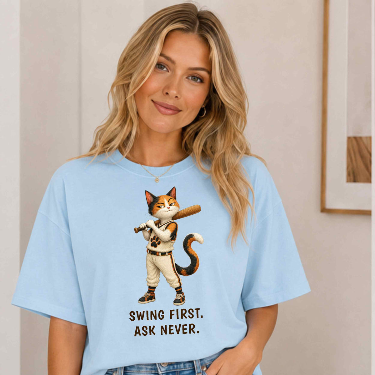 Swing First. Ask Never. — Baseball Cat Tee