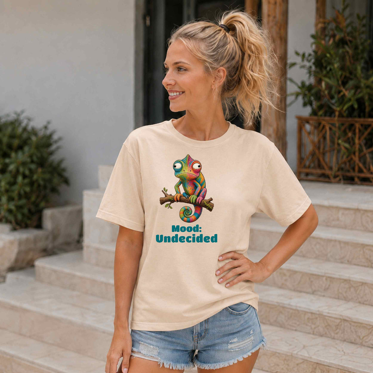 Chameleon "Mood: Undecided" T‑Shirt — Colorful Funny Casual Tee for Animal Lovers