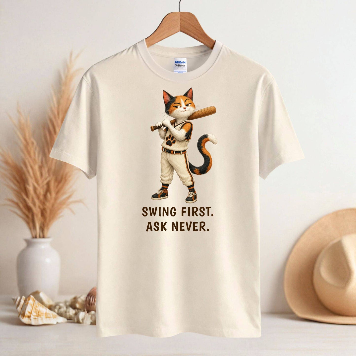 Swing First. Ask Never. — Baseball Cat Tee