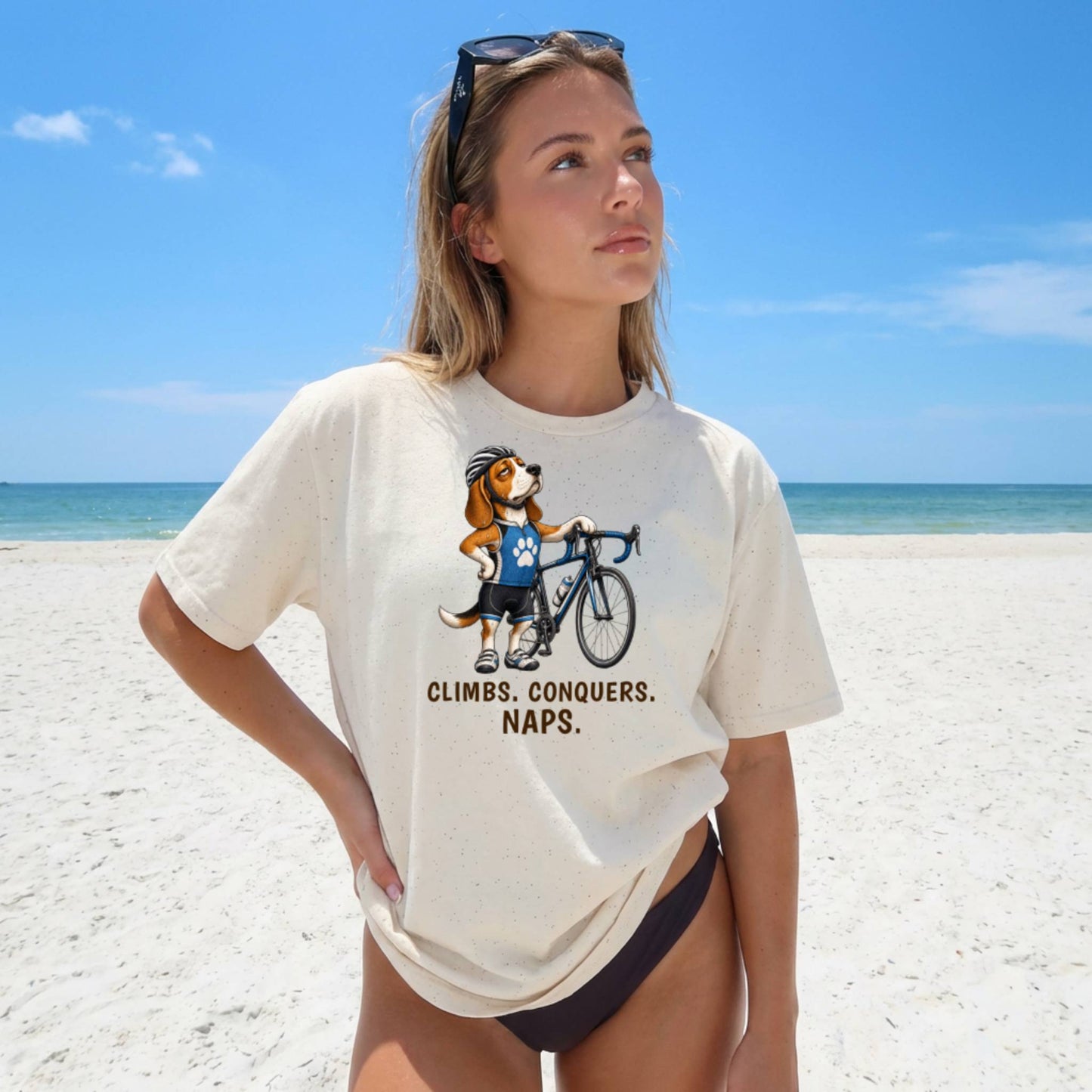 Climbs. Conquers. Naps. — Cycling Beagle Tee