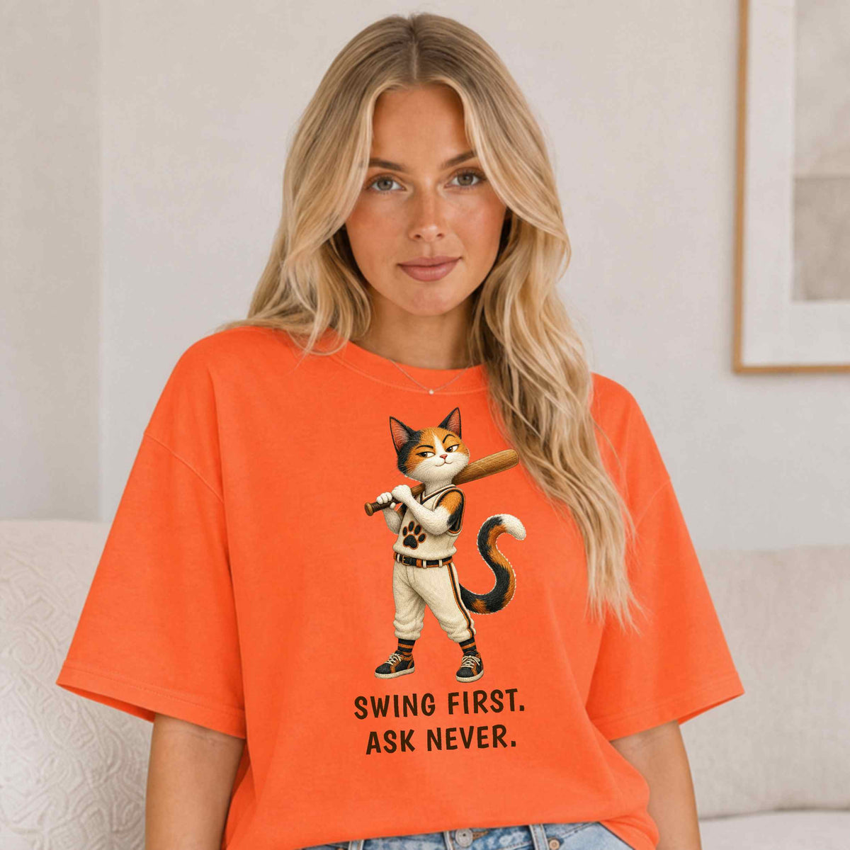 Swing First. Ask Never. — Baseball Cat Tee