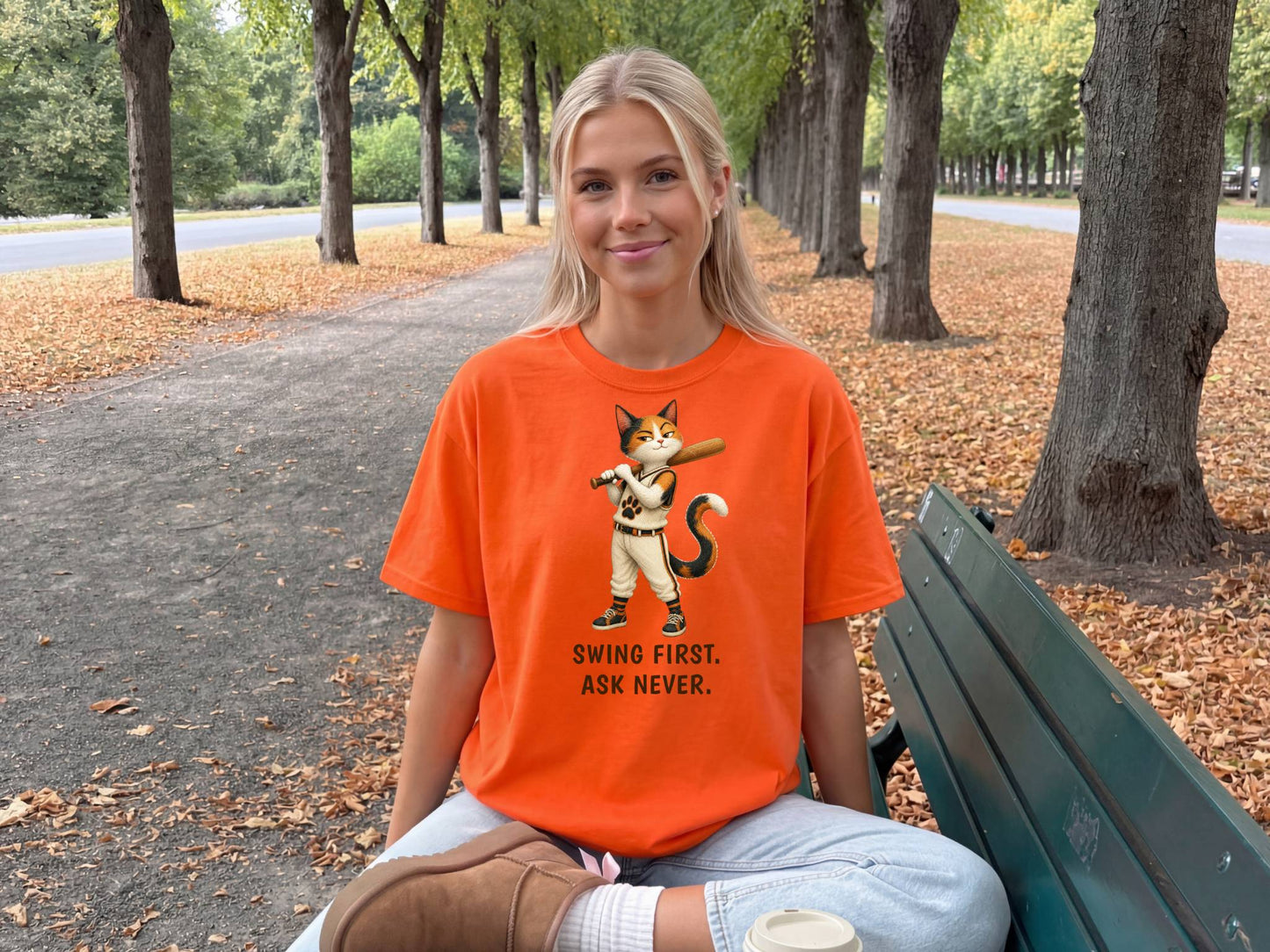 Swing First. Ask Never. — Baseball Cat Tee