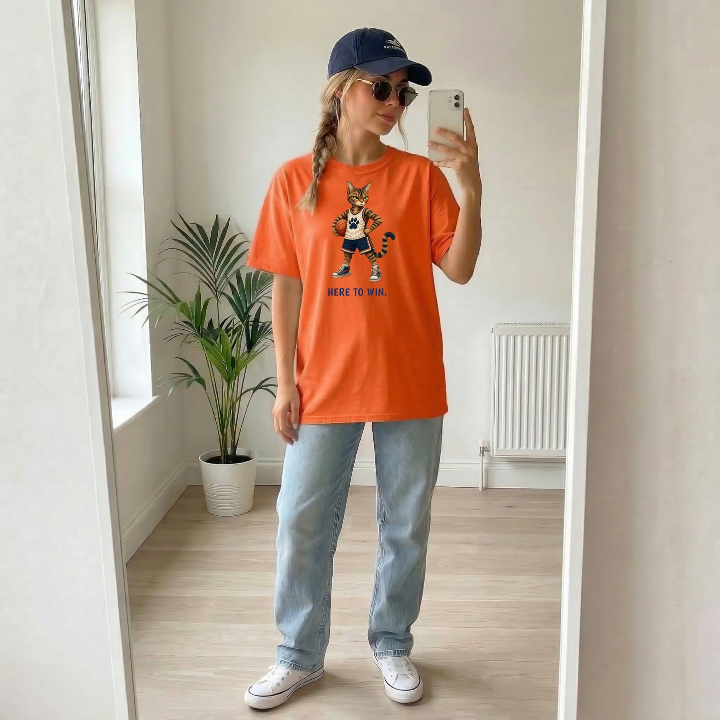 Here to Win. Obviously. — Basketball Cat Tee