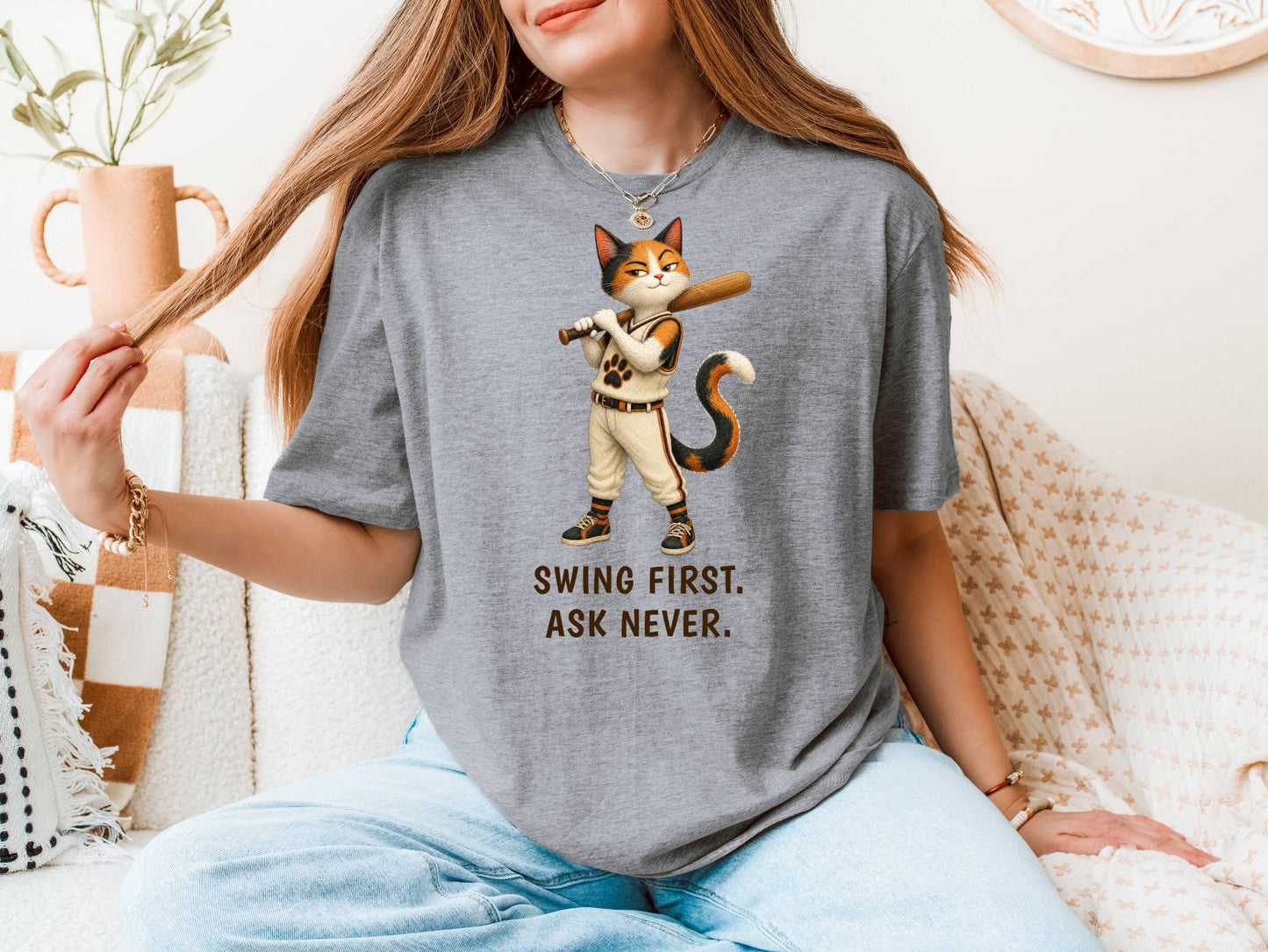 Swing First. Ask Never. — Baseball Cat Tee