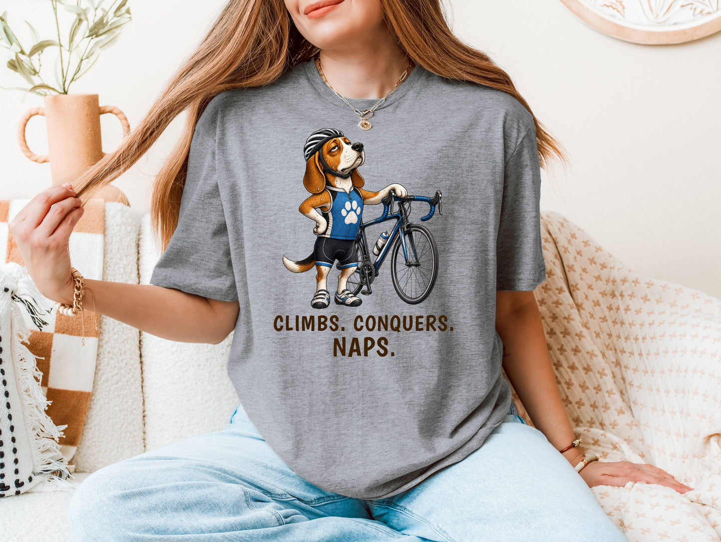 Climbs. Conquers. Naps. — Cycling Beagle Tee