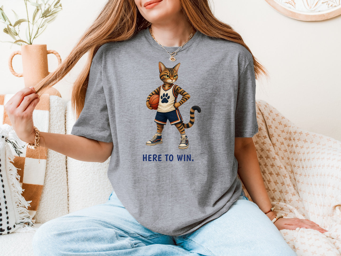 Here to Win. Obviously. — Basketball Cat Tee