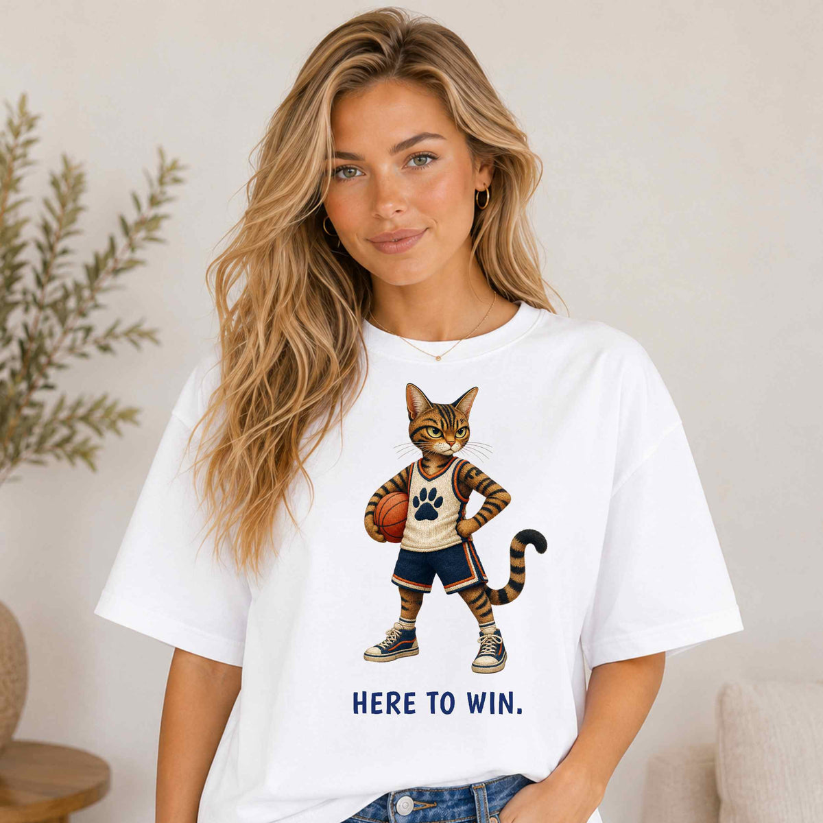 Here to Win. Obviously. — Basketball Cat Tee