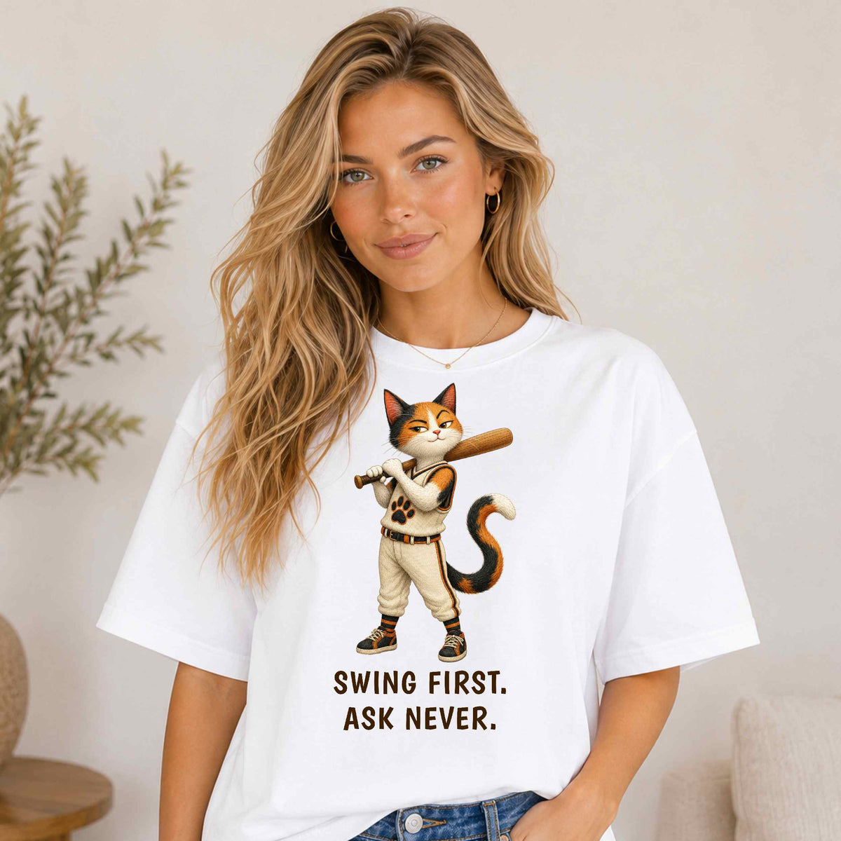 Swing First. Ask Never. — Baseball Cat Tee