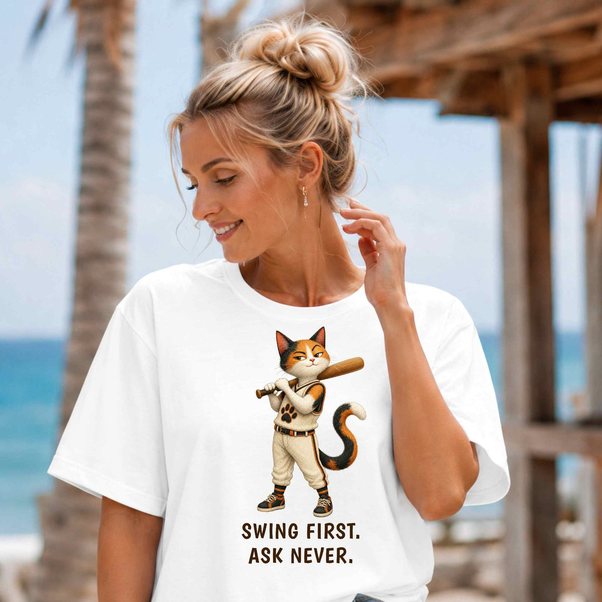 Swing First. Ask Never. — Baseball Cat Tee