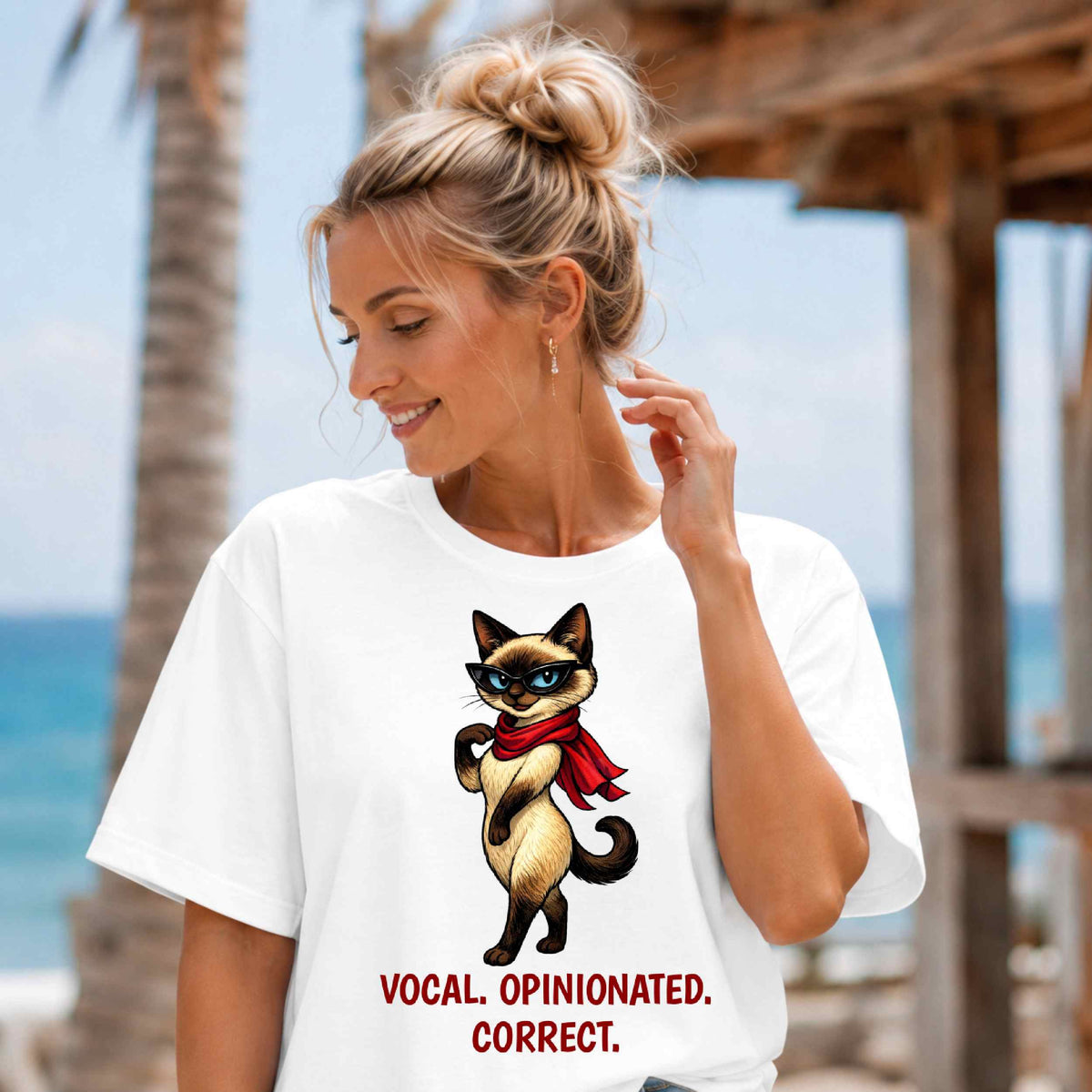 Sassy Siamese Cat with Scarf T-Shirt | 'Vocal. Opinionated. Correct.'