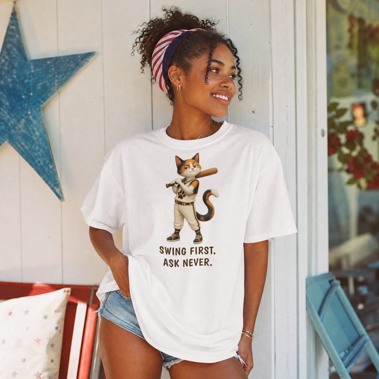 Swing First. Ask Never. — Baseball Cat Tee