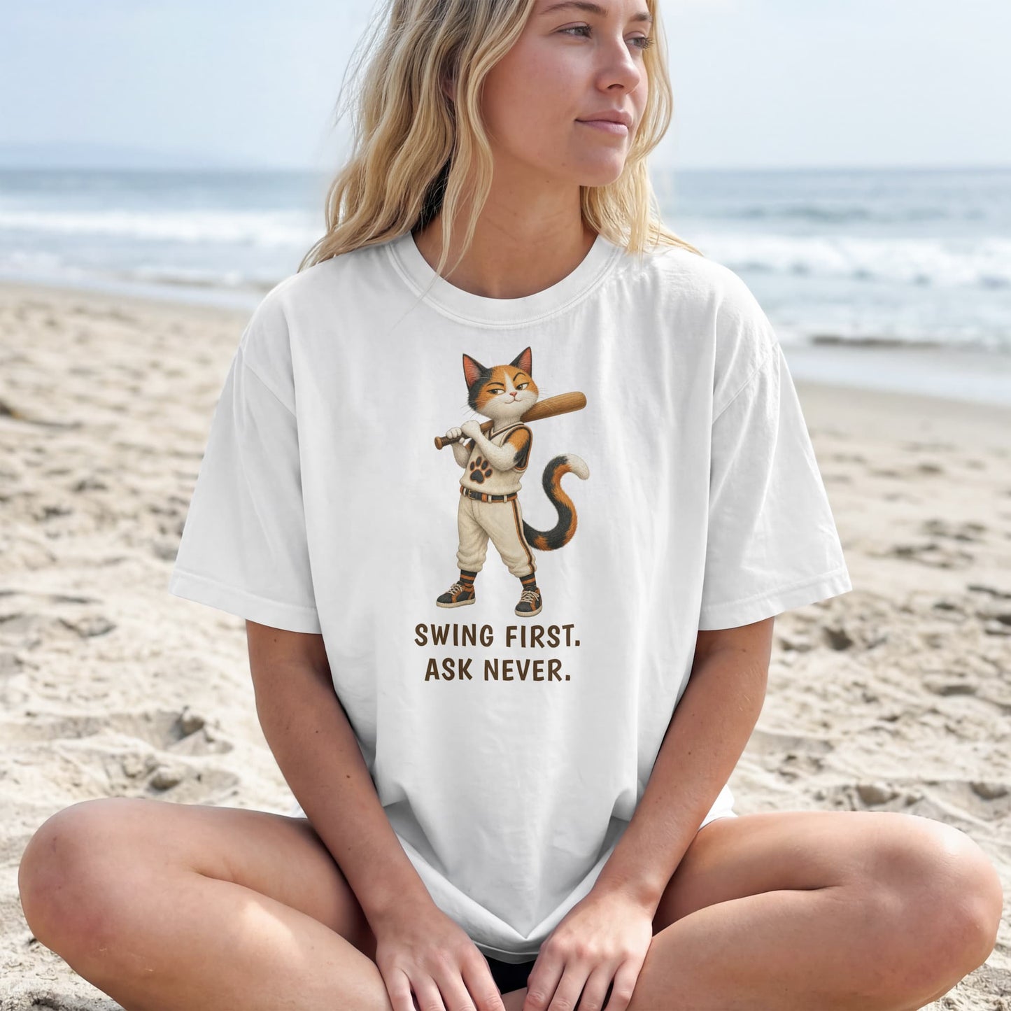 Swing First. Ask Never. — Baseball Cat Tee
